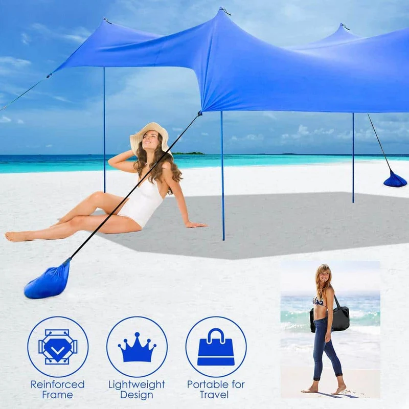 7 ft. x 7 ft. Blue Family Beach Tent Canopy Sunshade with 4-Poles