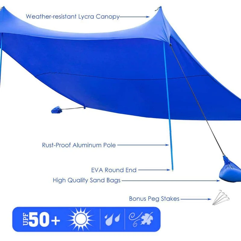 7 ft. x 7 ft. Blue Family Beach Tent Canopy Sunshade with 4-Poles