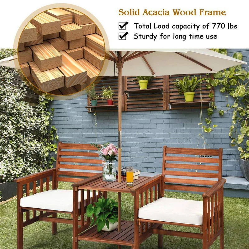 Brown Acacia Wood Outdoor Loveseat with Table and White Cushions