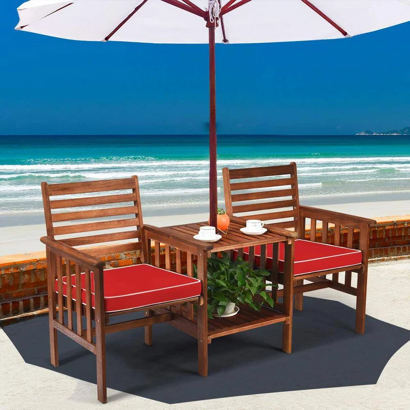 Brown Acacia Wood Outdoor Loveseat with Table and Red Cushions