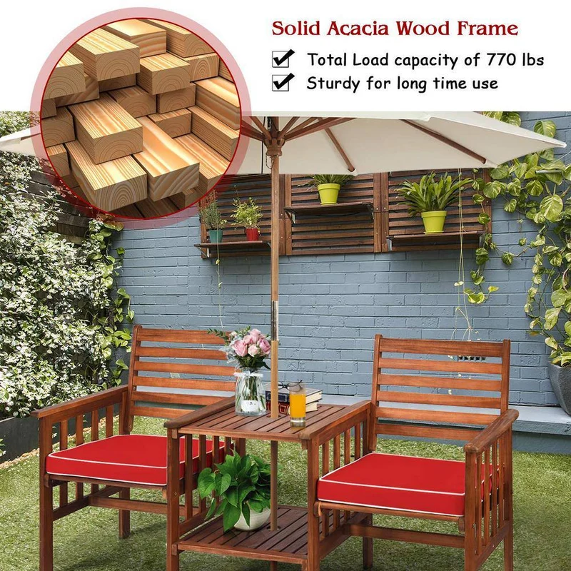 Brown Acacia Wood Outdoor Loveseat with Table and Red Cushions