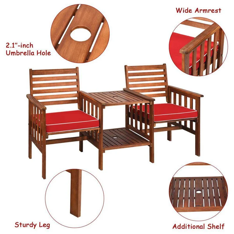 Brown Acacia Wood Outdoor Loveseat with Table and Red Cushions
