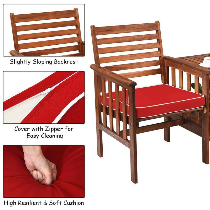 Brown Acacia Wood Outdoor Loveseat with Table and Red Cushions
