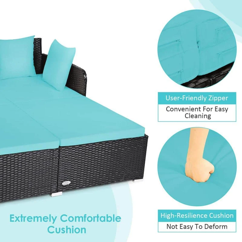 Black 1-Piece Metal Wicker Outdoor Day Bed with Turquoise Cushions