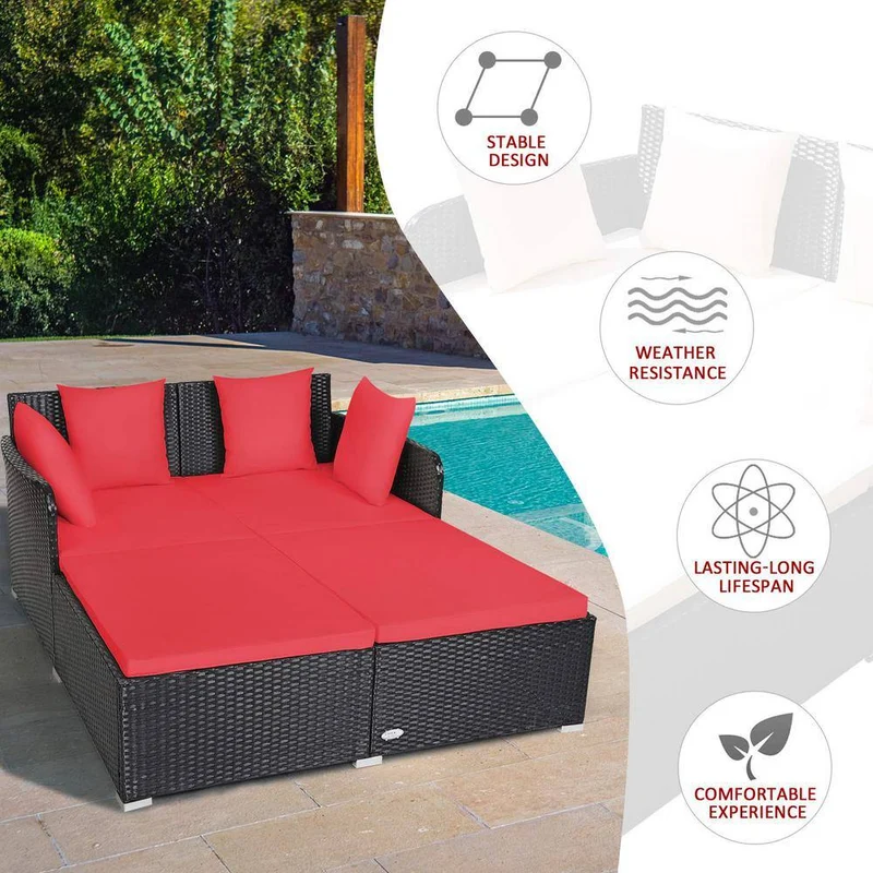 Black 1-Piece Metal Wicker Outdoor Day Bed with Red Cushions