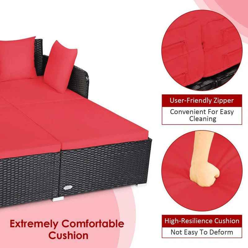Black 1-Piece Metal Wicker Outdoor Day Bed with Red Cushions