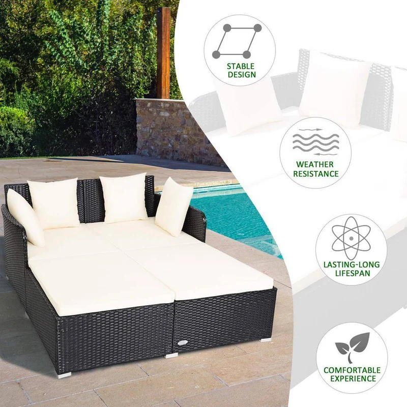 Black 1-Piece Metal Wicker Outdoor Day Bed with White Cushions