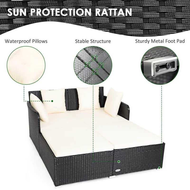 Black 1-Piece Metal Wicker Outdoor Day Bed with White Cushions