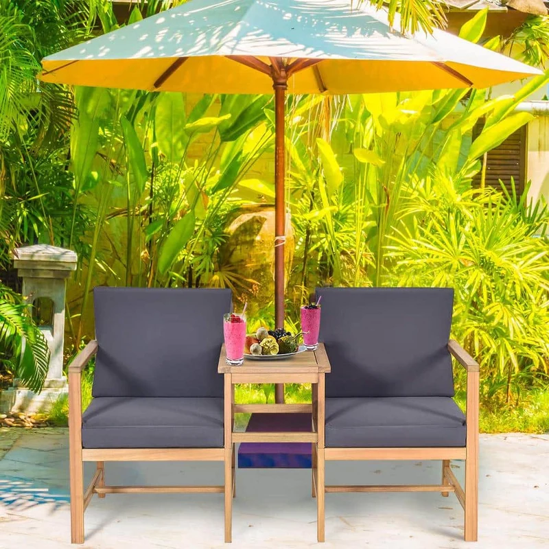 Brown Acacia Wood Outdoor Loveseat with Separable Coffee Table