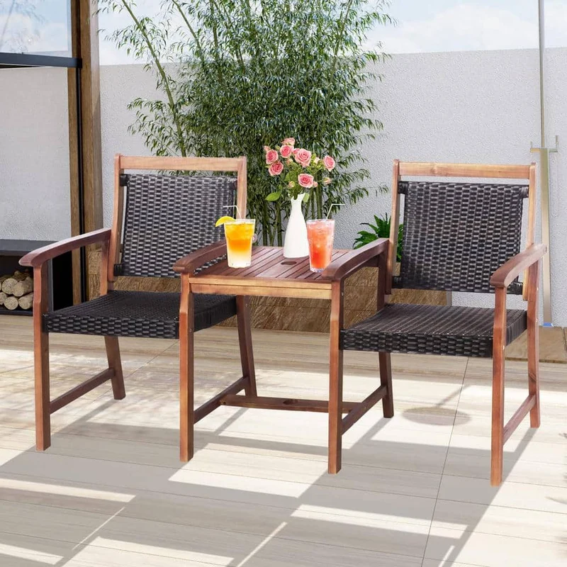 Reddish Brown Acacia Wood Outdoor Loveseat with Umbrella Hole
