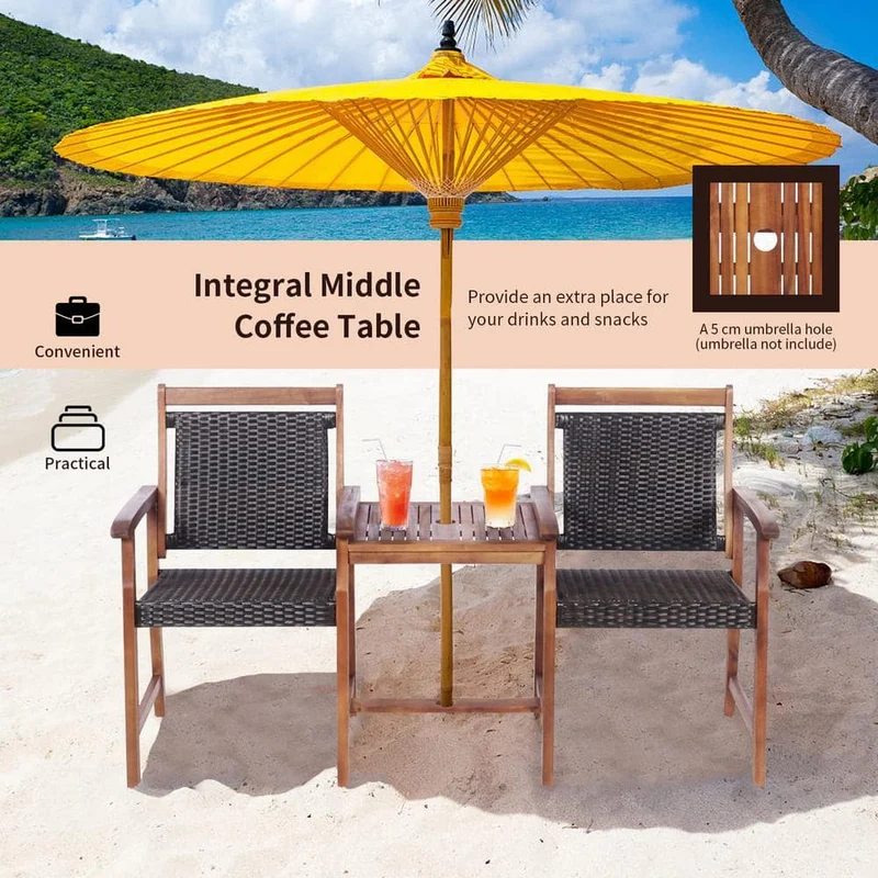 Reddish Brown Acacia Wood Outdoor Loveseat with Umbrella Hole