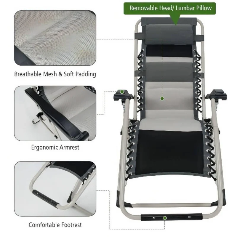 Black Metal Outdoor Adjustable Recliner Folding Padded Zero Gravity Chair (Set of 2)