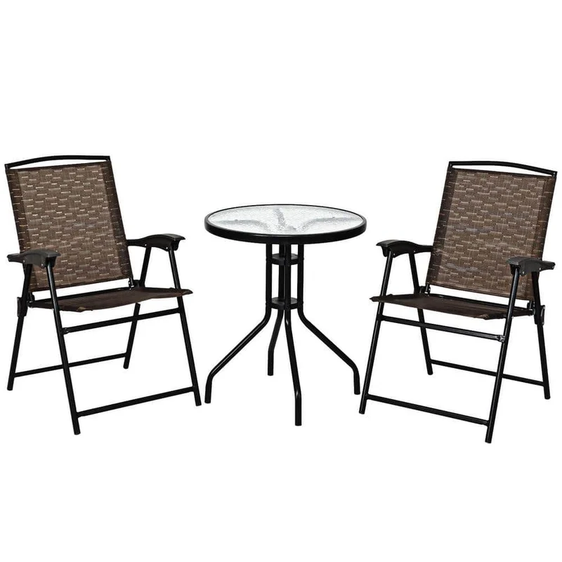 Brown 3-Piece Metal Bistro Set with Folding Chairs and Glass Table