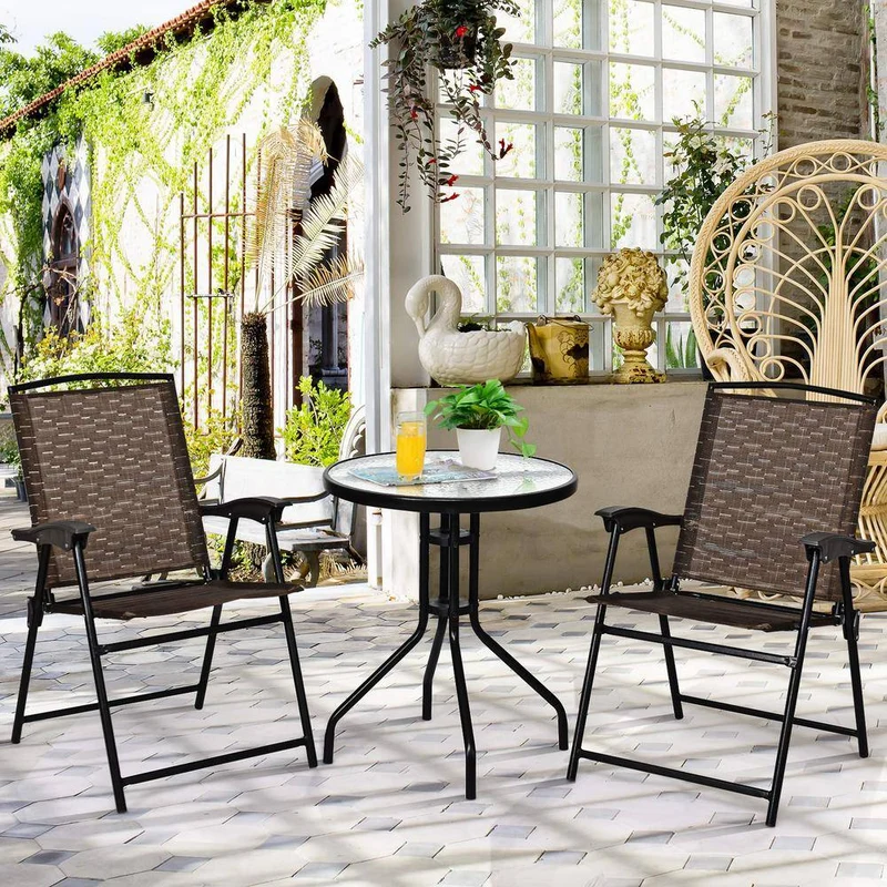 Brown 3-Piece Metal Bistro Set with Folding Chairs and Glass Table