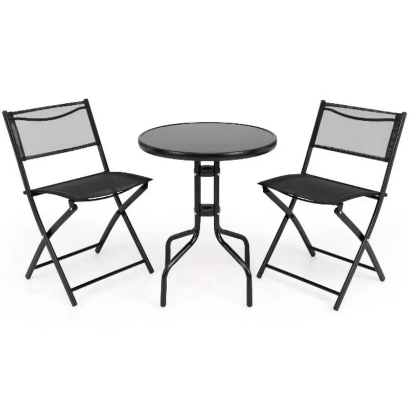Indoor/Outdoor 3-Piece Metal Folding Bistro set with Glass Top Table