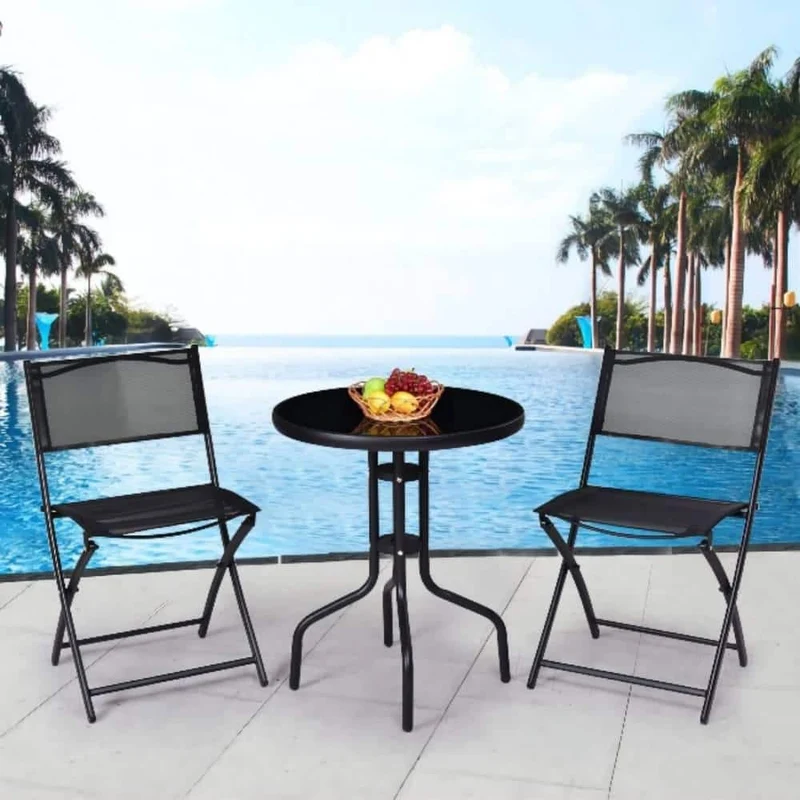 Indoor/Outdoor 3-Piece Metal Folding Bistro set with Glass Top Table