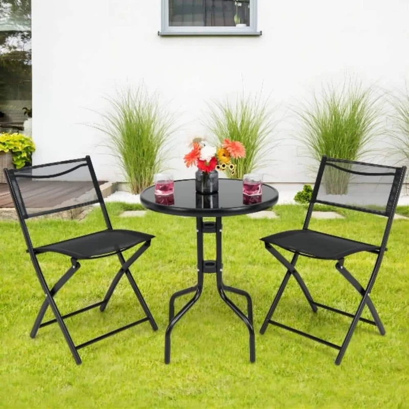 Indoor/Outdoor 3-Piece Metal Folding Bistro set with Glass Top Table