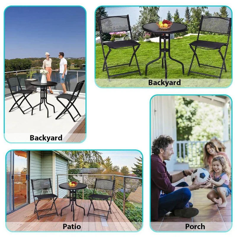 Indoor/Outdoor 3-Piece Metal Folding Bistro set with Glass Top Table