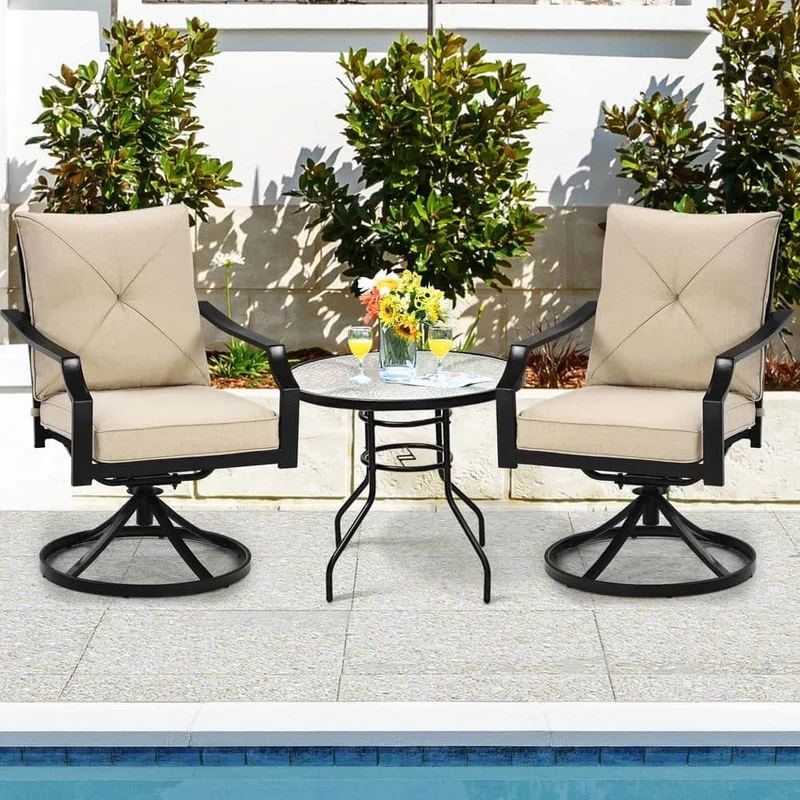 Black Steel Outdoor Patio Swivel Dining Chairs with Beige Cushion (2-Pack)