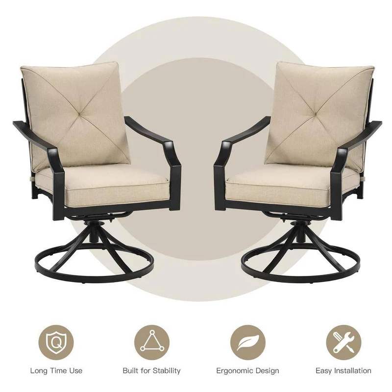 Black Steel Outdoor Patio Swivel Dining Chairs with Beige Cushion (2-Pack)