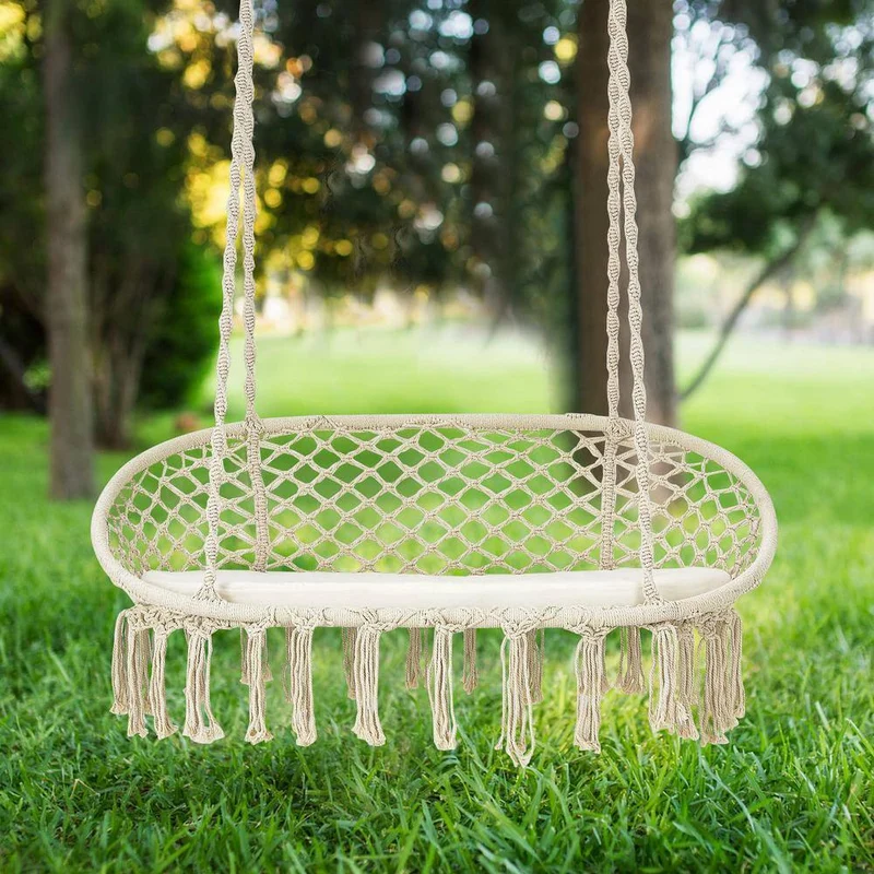 2-Person Steel Outdoor Patio Hanging Double Hammock Swing Chair with White Cushion