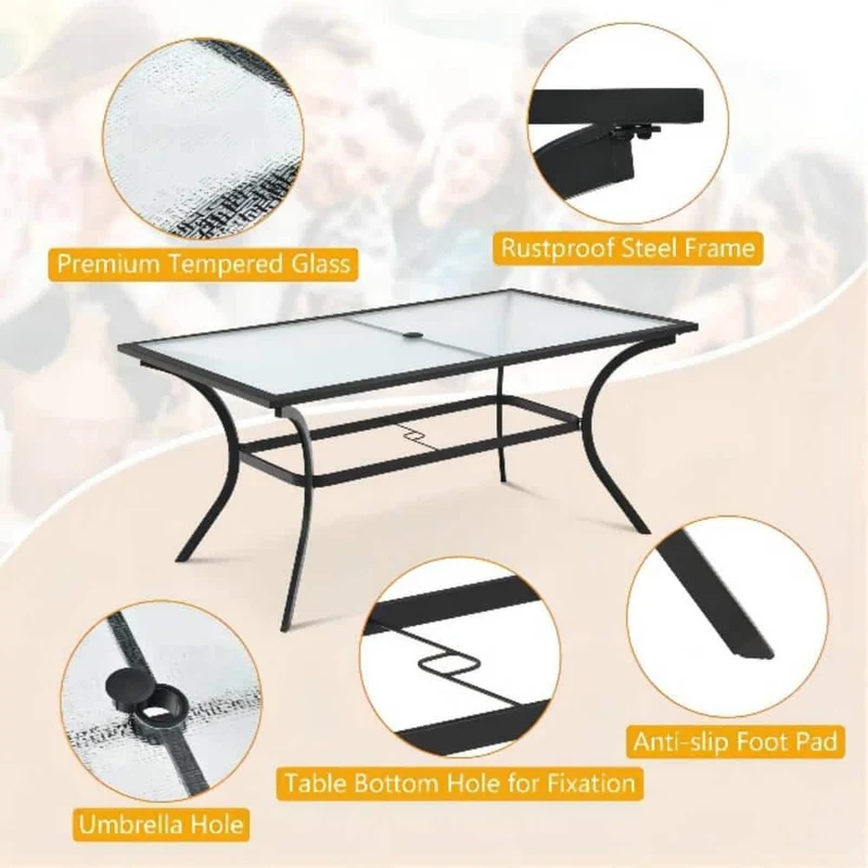 Mix and Match 66 in. x 38 in. Black Steel Rectangular Glass Top Outdoor Patio Dining Table