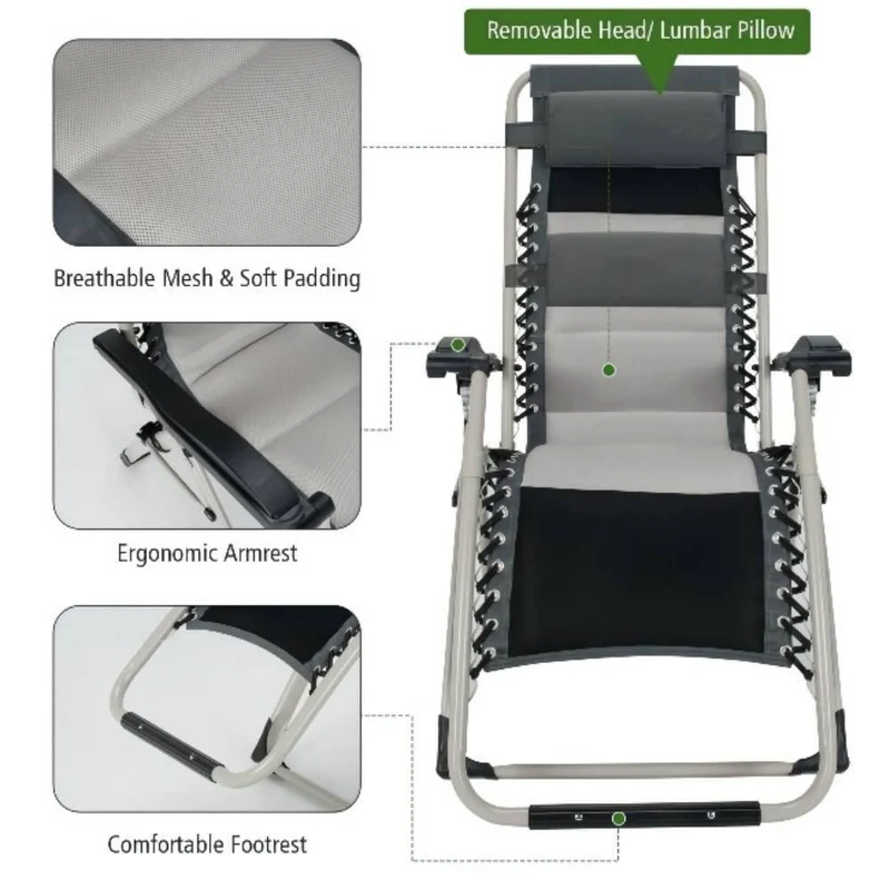 Black Metal Outdoor Adjustable Recliner Folding Padded Zero Gravity Chair
