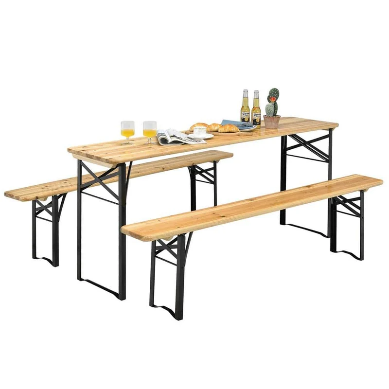 Black 3-Pieces Wooden Folding Picnic Outdoor Table Bench Set