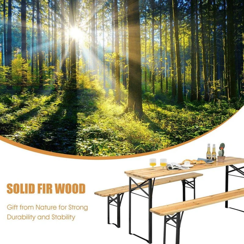 Black 3-Pieces Wooden Folding Picnic Outdoor Table Bench Set