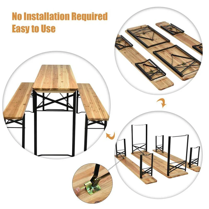 Black 3-Pieces Wooden Folding Picnic Outdoor Table Bench Set
