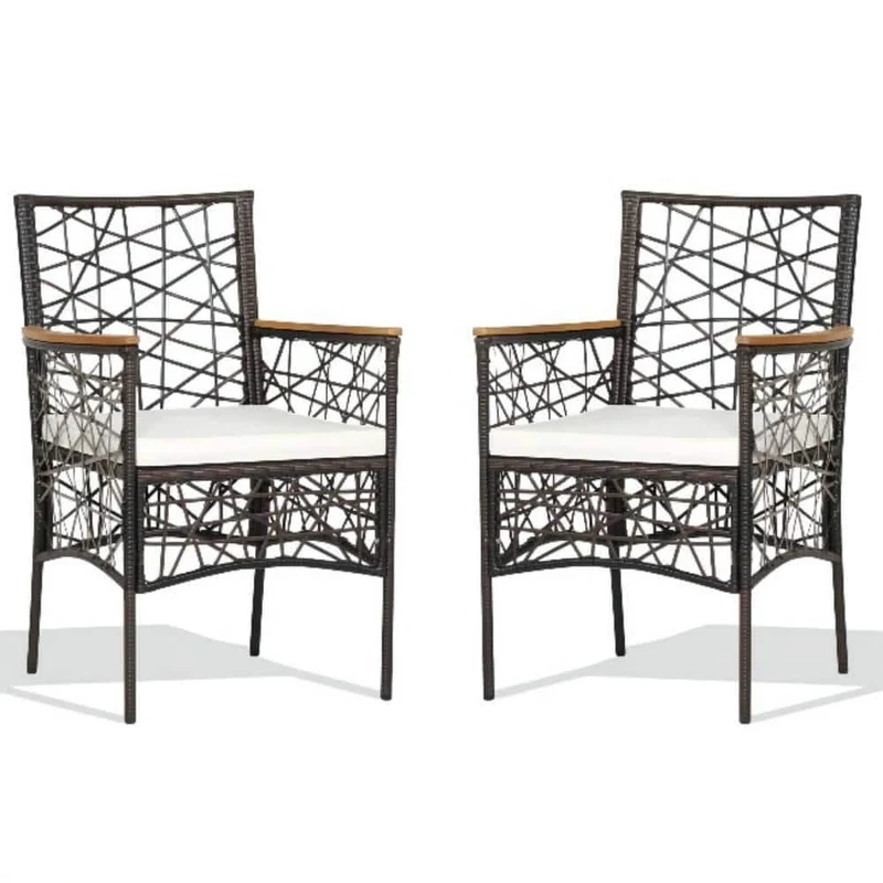 Brown Wicker Outdoor Patio Dining Chair with Armrests and Beige Cushions (2-Pack)