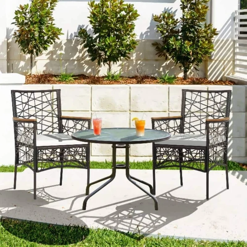 Brown Wicker Outdoor Patio Dining Chair with Armrests and Beige Cushions (2-Pack)