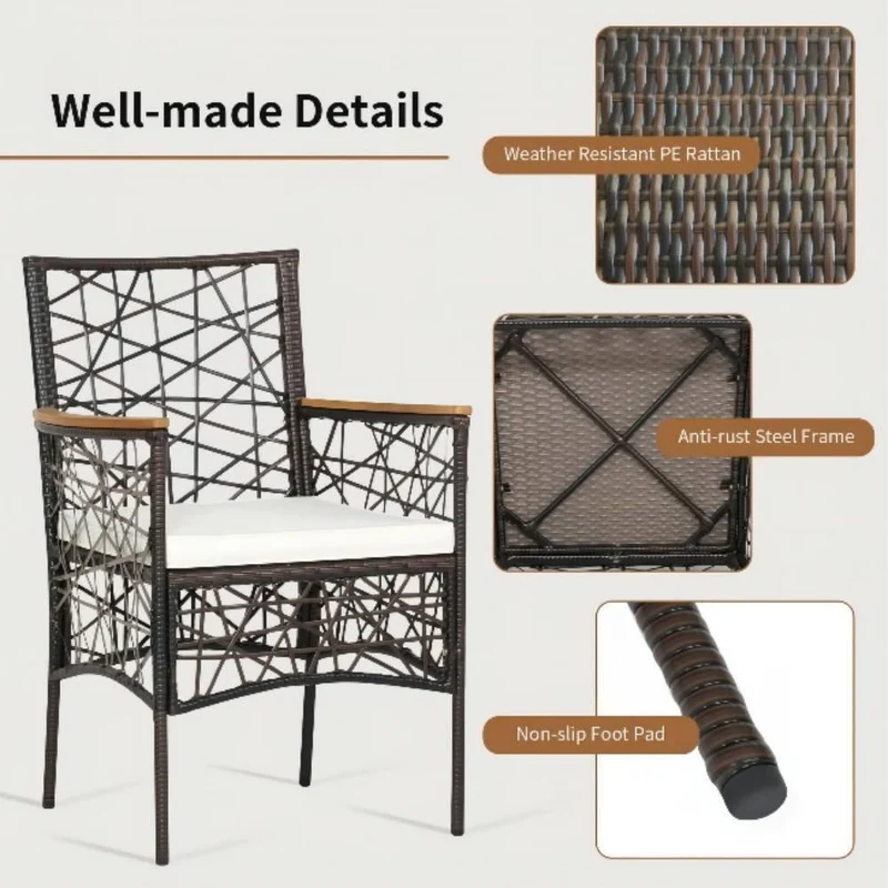Brown Wicker Outdoor Patio Dining Chair with Armrests and Beige Cushions (2-Pack)