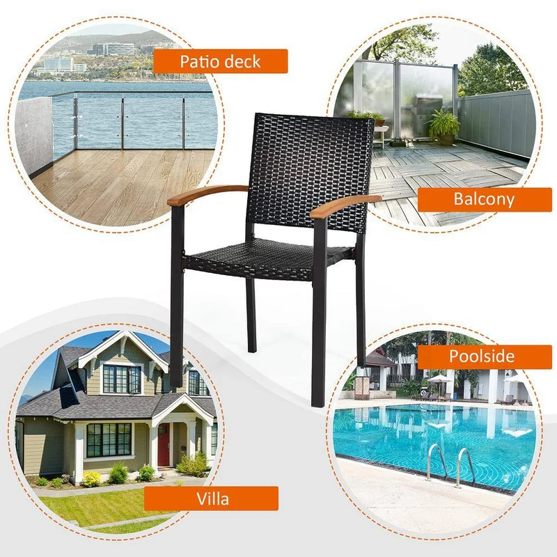 Brown Steel Wicker Stackable Outdoor Patio Dining Chairs (4-Pack)