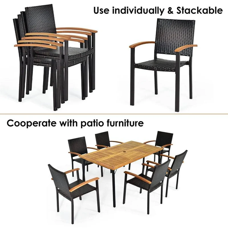 Brown Steel Wicker Stackable Outdoor Patio Dining Chairs (4-Pack)