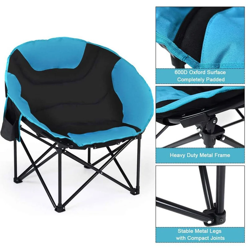 Folding Blue Steel Moon Camping Chair Heavy-Duty Saucer Chair with Carrying Bag