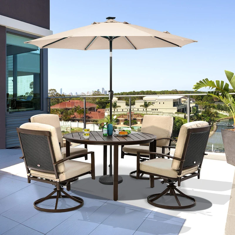 Brown 49 in. Metal Round Outdoor Patio Dining Table with Umbrella Hole