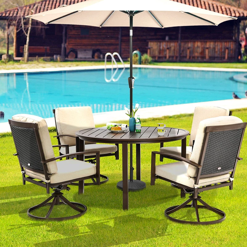 Brown 49 in. Metal Round Outdoor Patio Dining Table with Umbrella Hole