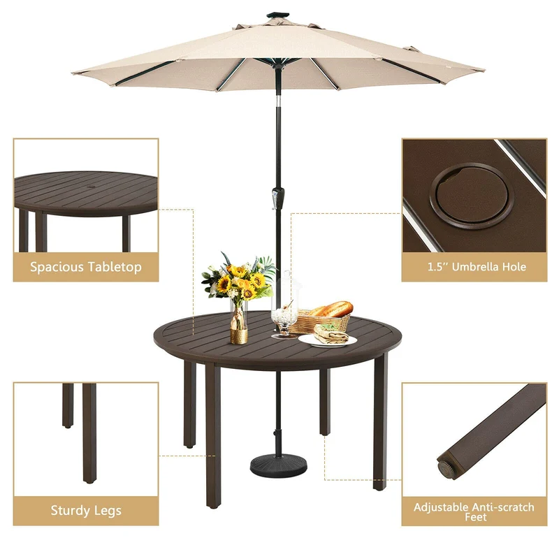 Brown 49 in. Metal Round Outdoor Patio Dining Table with Umbrella Hole