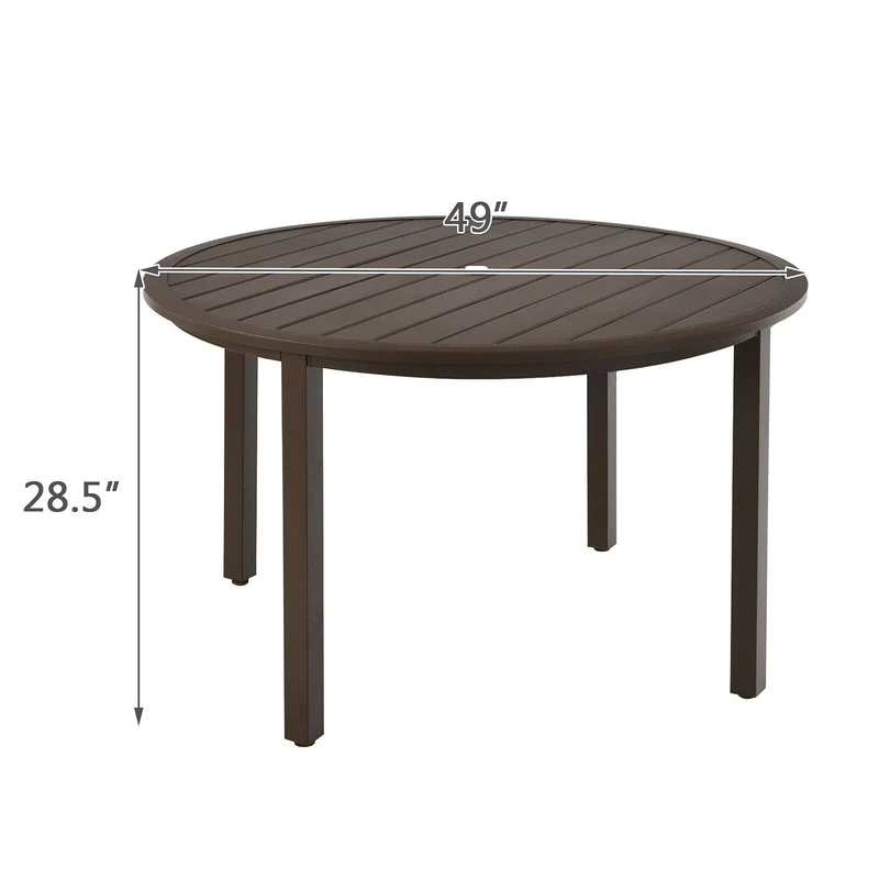 Brown 49 in. Metal Round Outdoor Patio Dining Table with Umbrella Hole