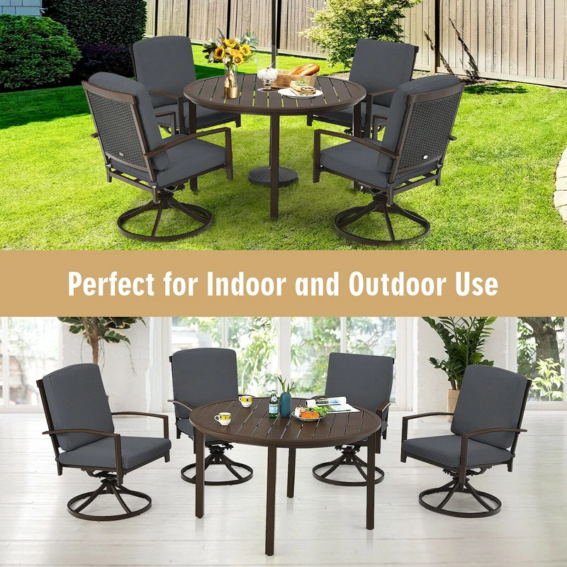 Brown 49 in. Metal Round Outdoor Patio Dining Table with Umbrella Hole
