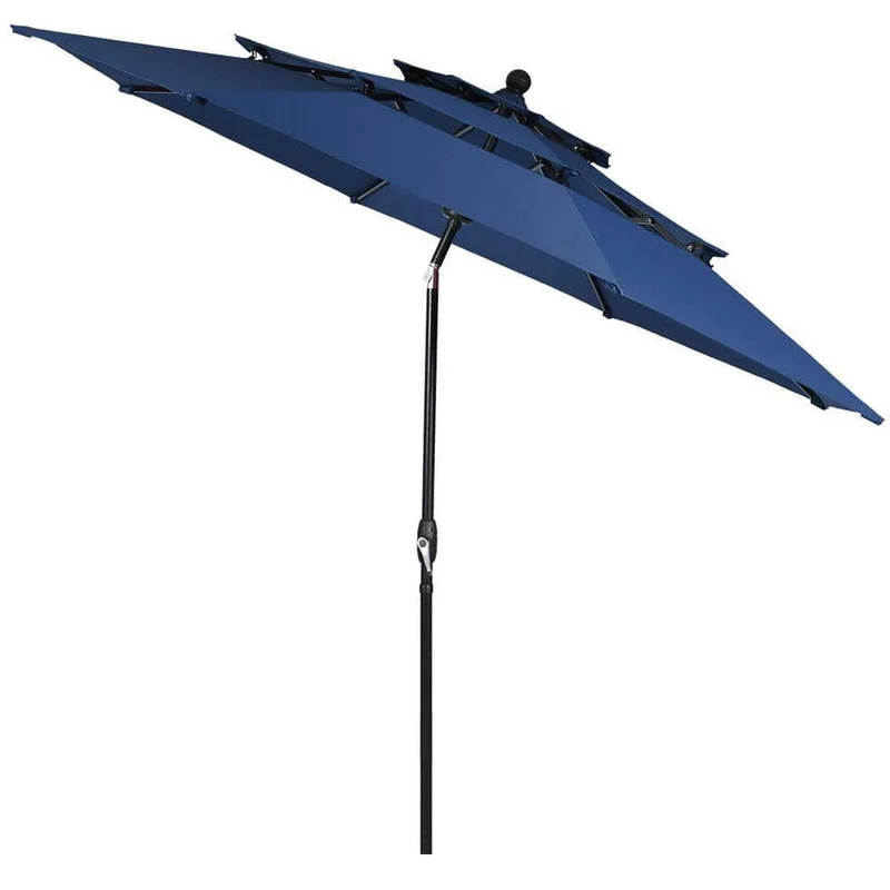 10 ft. 3-Tier Aluminum Market Patio Umbrella in Navy with Crank and Double Vented