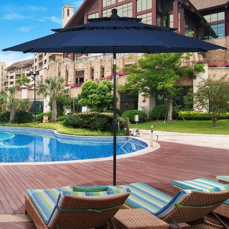 10 ft. 3-Tier Aluminum Market Patio Umbrella in Navy with Crank and Double Vented