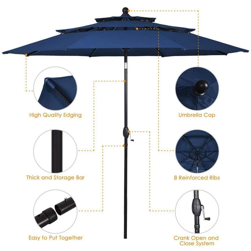 10 ft. 3-Tier Aluminum Market Patio Umbrella in Navy with Crank and Double Vented