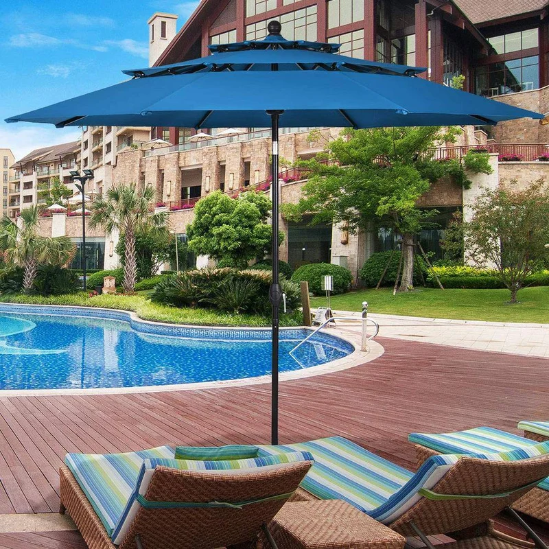 10 ft. 3-Tier Aluminum Market Patio Umbrella in Blue with Crank and Double Vented