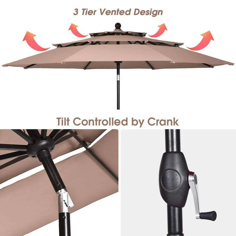 10 ft. 3-Tier Aluminum Market Patio Umbrella in Beige with Crank and Double Vented