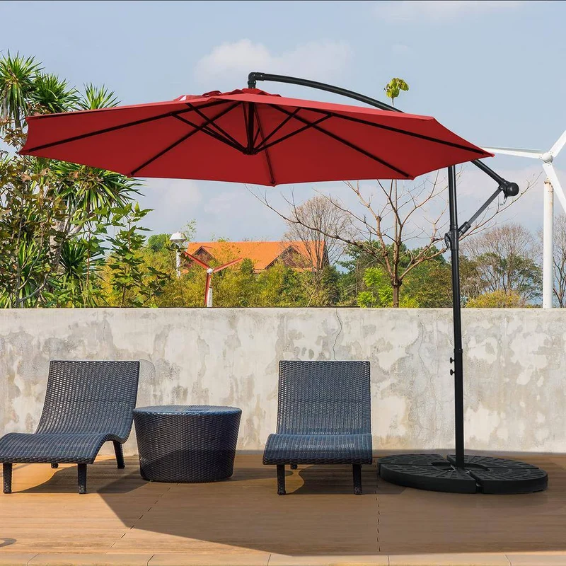 10 ft. Adjustable Tilt Cantilever Aluminum Solar Patio Umbrella Cross Base in Red