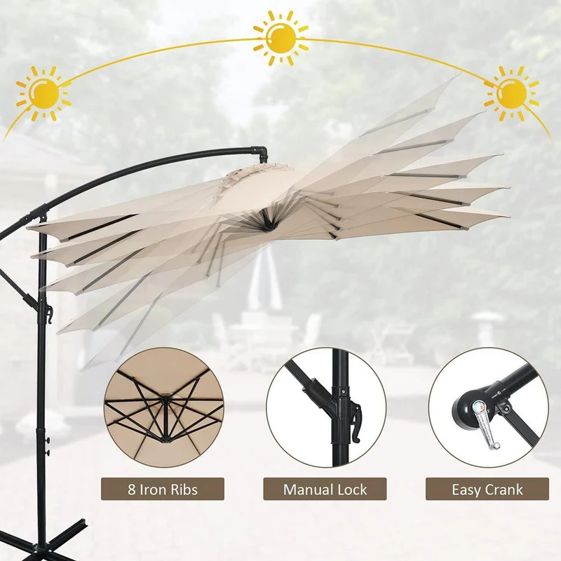 10 ft. Adjustable Tilt Cantilever Aluminum Solar Patio Umbrella Cross Base in Beige