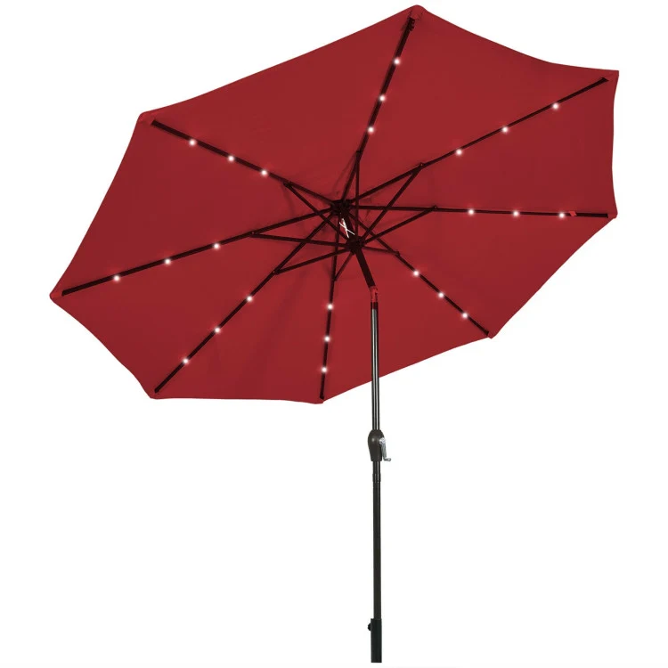 10 ft. Metal Market Solar Tilt Patio Umbrella in Wine with Crank and LED Lights