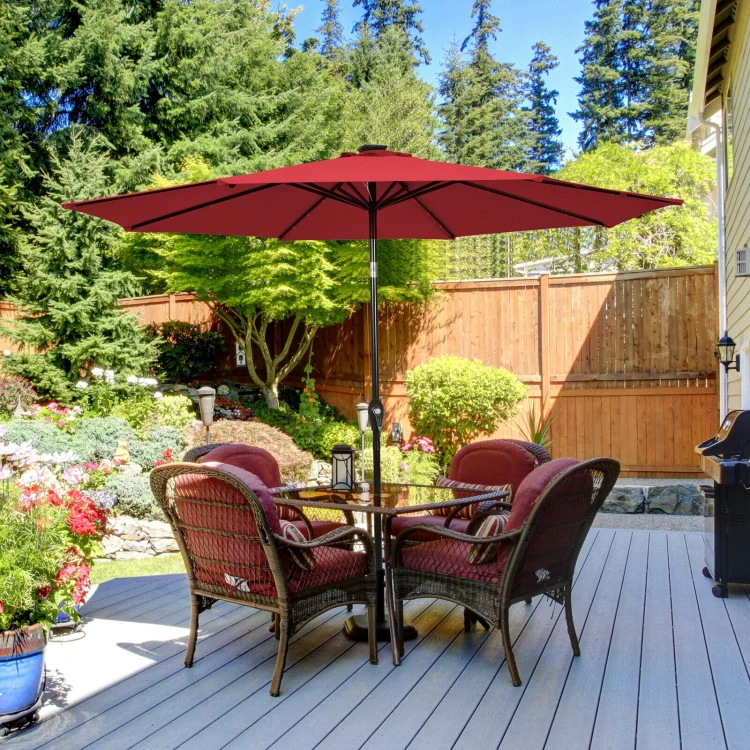 10 ft. Metal Market Solar Tilt Patio Umbrella in Wine with Crank and LED Lights